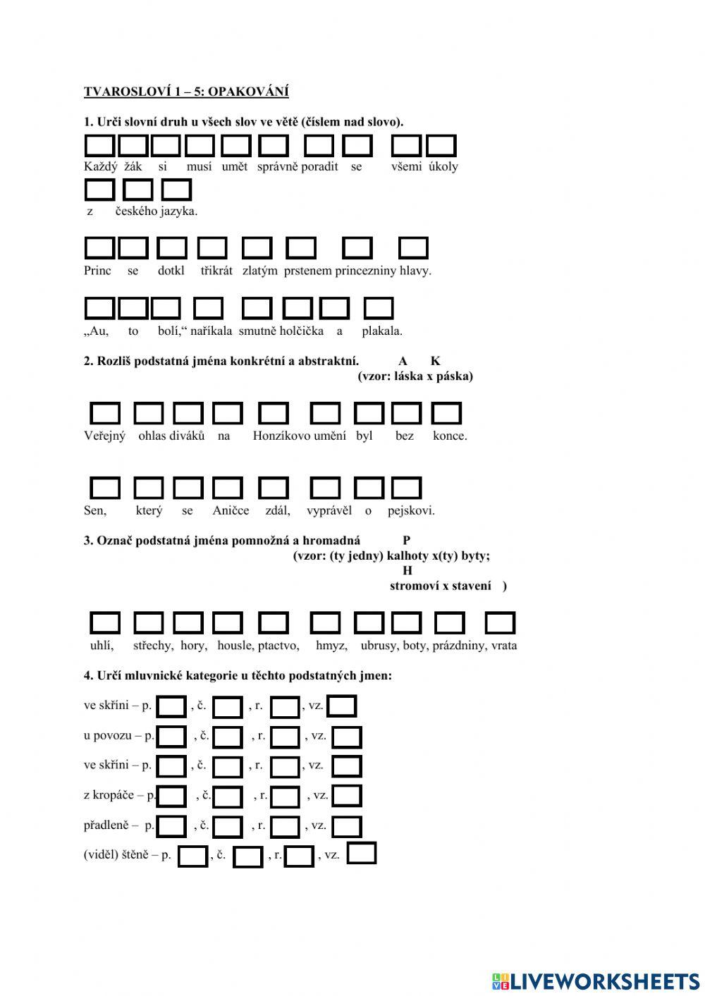 Tvarosloví 1 - 5: opakování