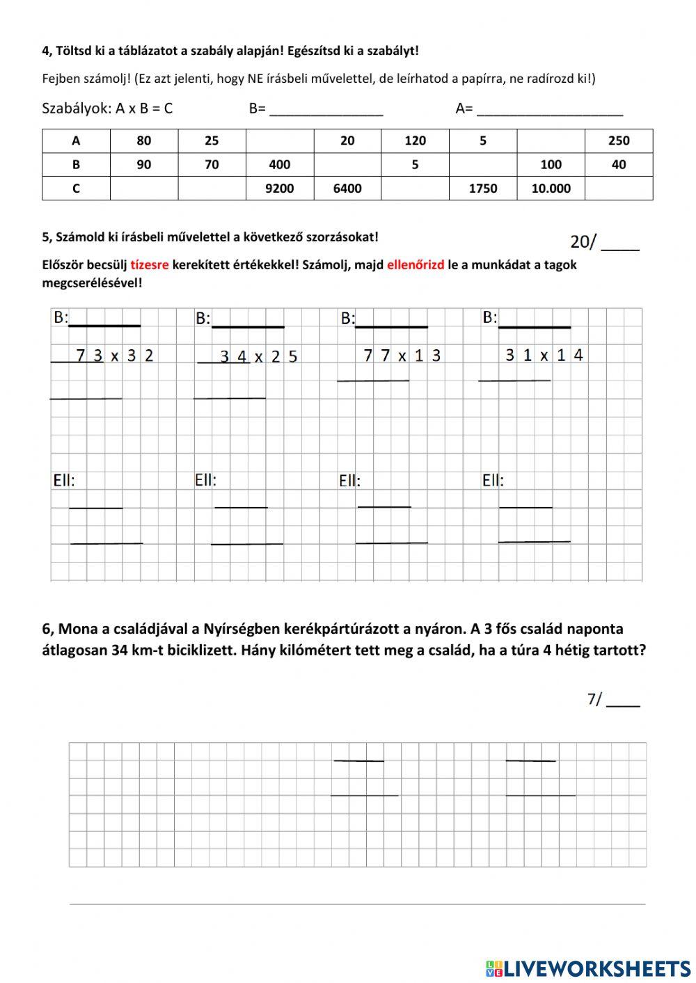 Írásbeli szorzás kétjegyűvel - Témazáró dolgozat