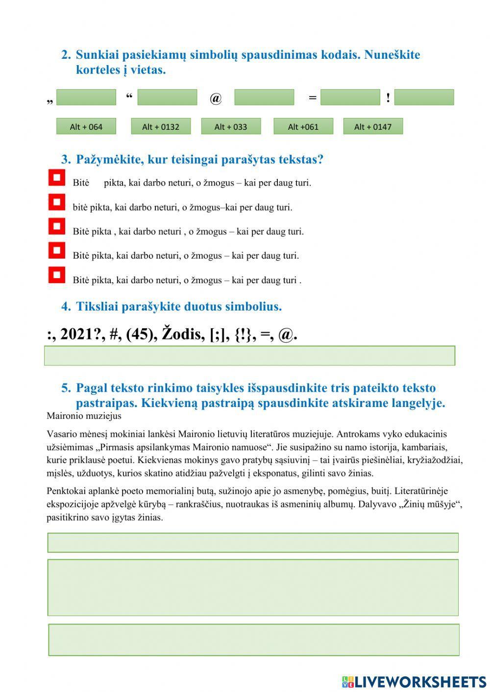 Klaviatūros klavišų paskirties ir teksto rašymo užduotis