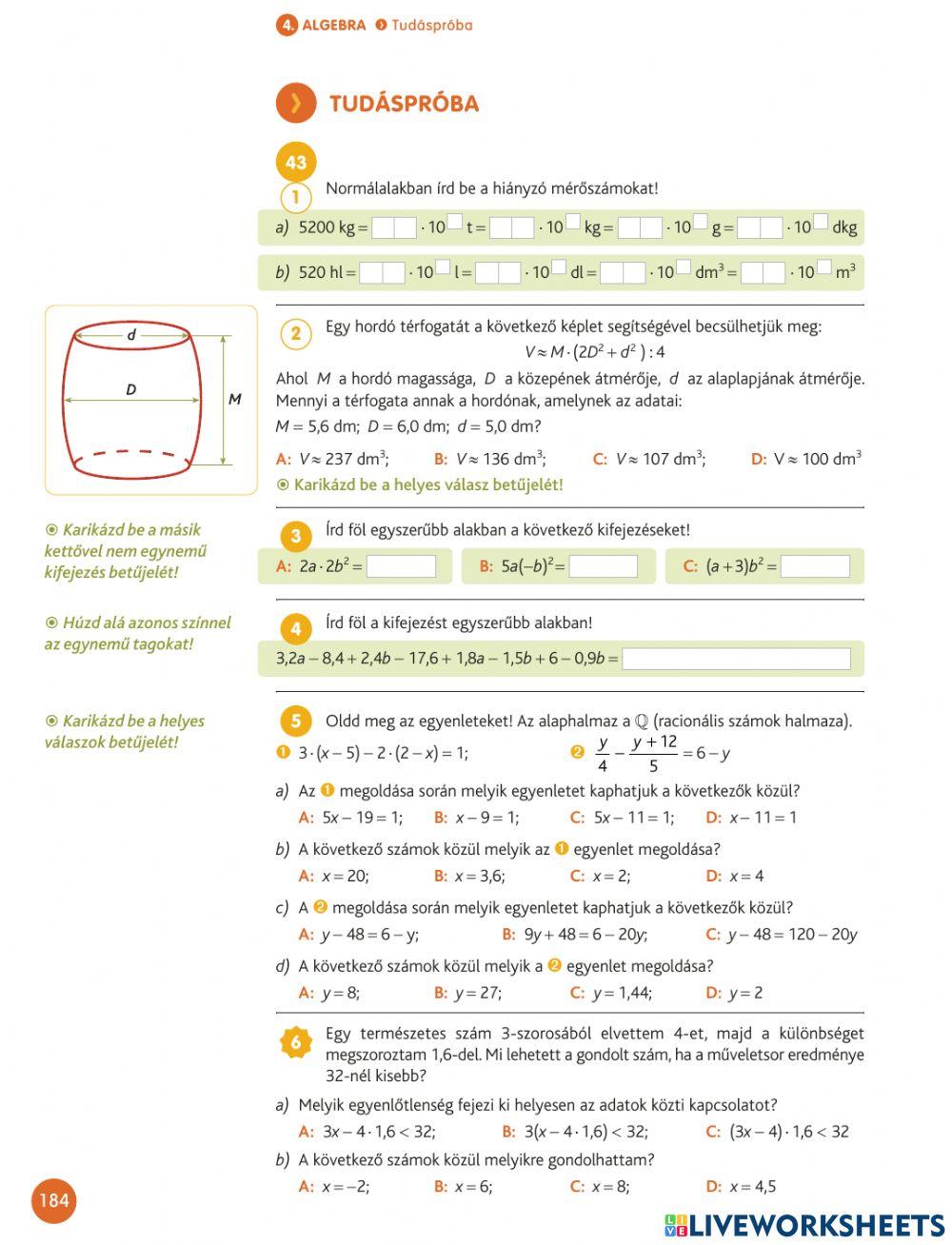 Tudáspróba - Algebra