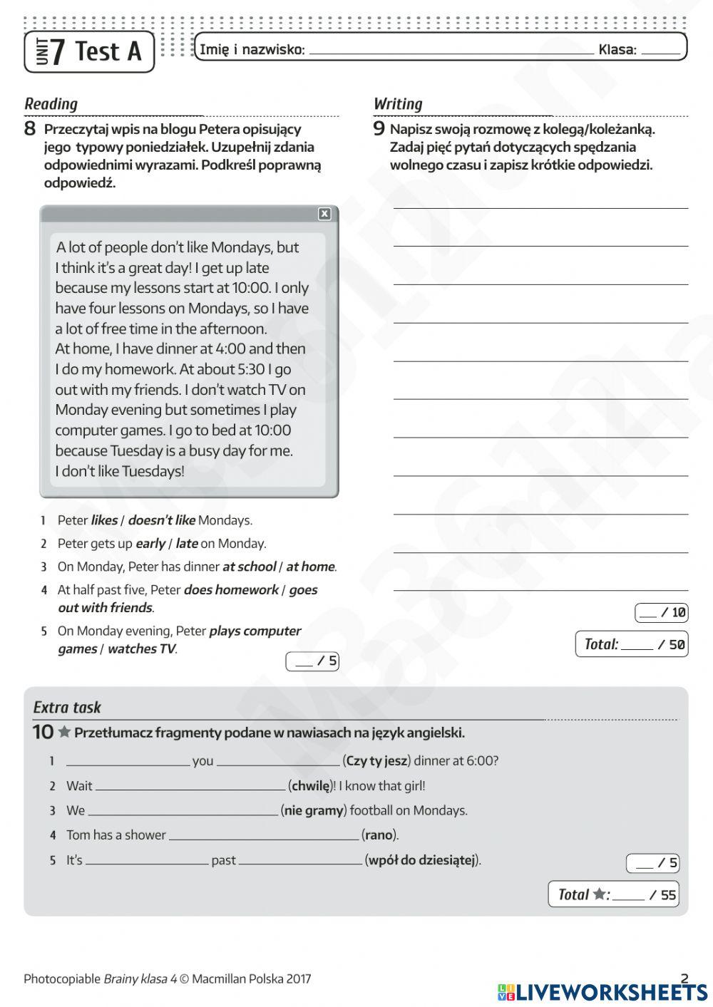 Praca Klasowa Zemsta Klasa 7 Praca klasowa - Unit 7 worksheet | Live Worksheets