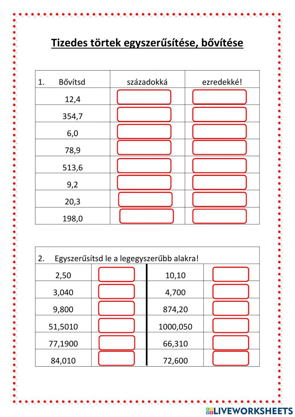 Tizedes törtek egyszerűsítése, bővítése