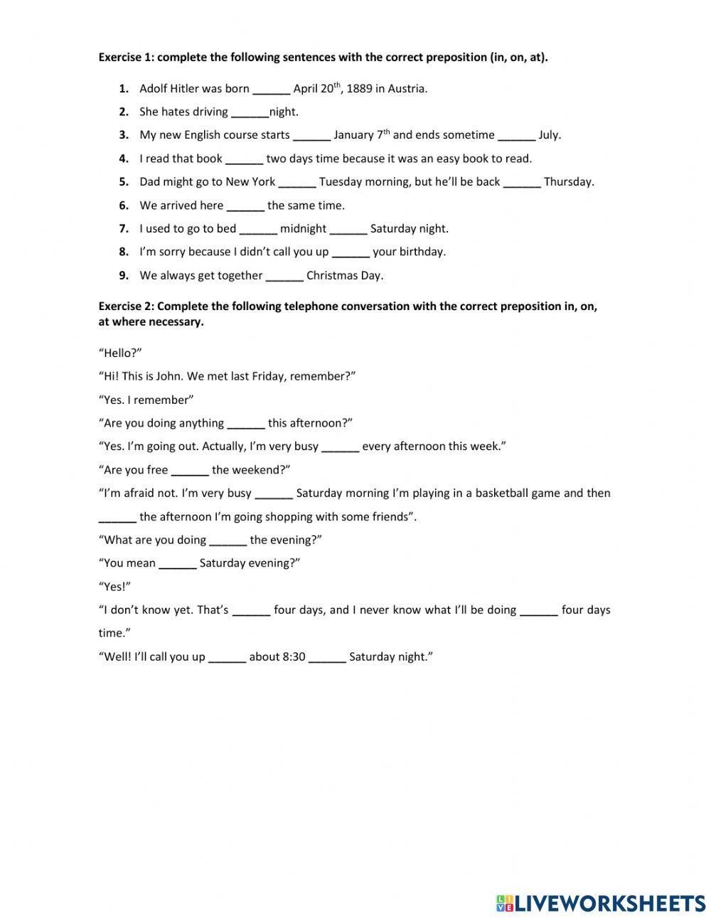 Time Prepositions (in, on, at)