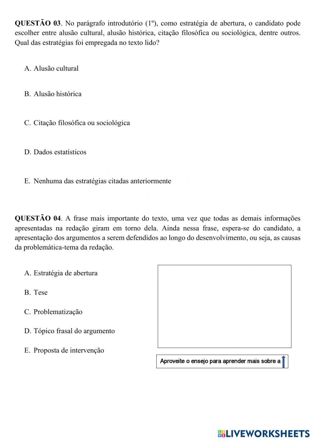 Dissertação argumentativa: leitura e estudo da estrutura