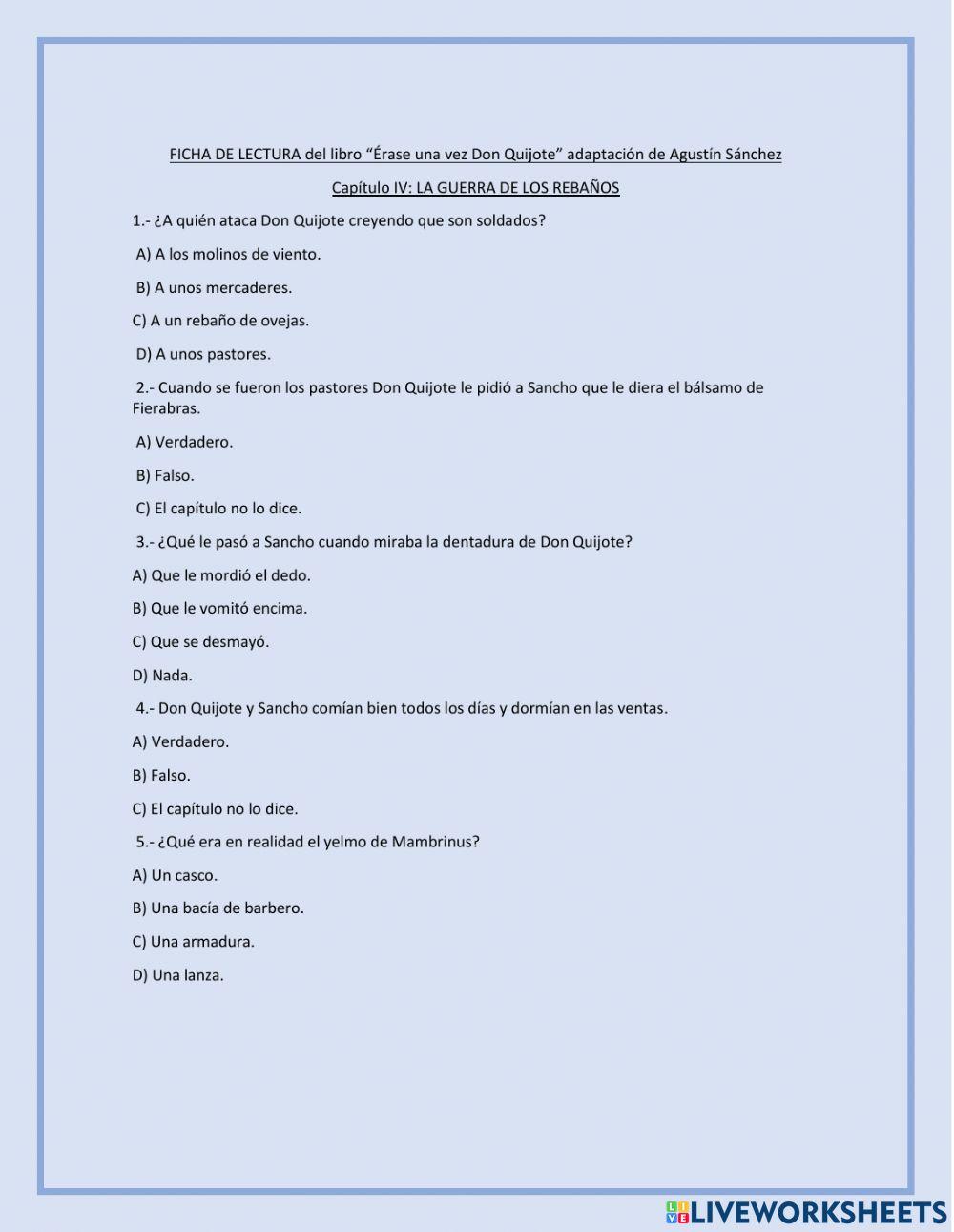 Comprension lectora ÉRASE UNA VEZ DON QUIJOTE