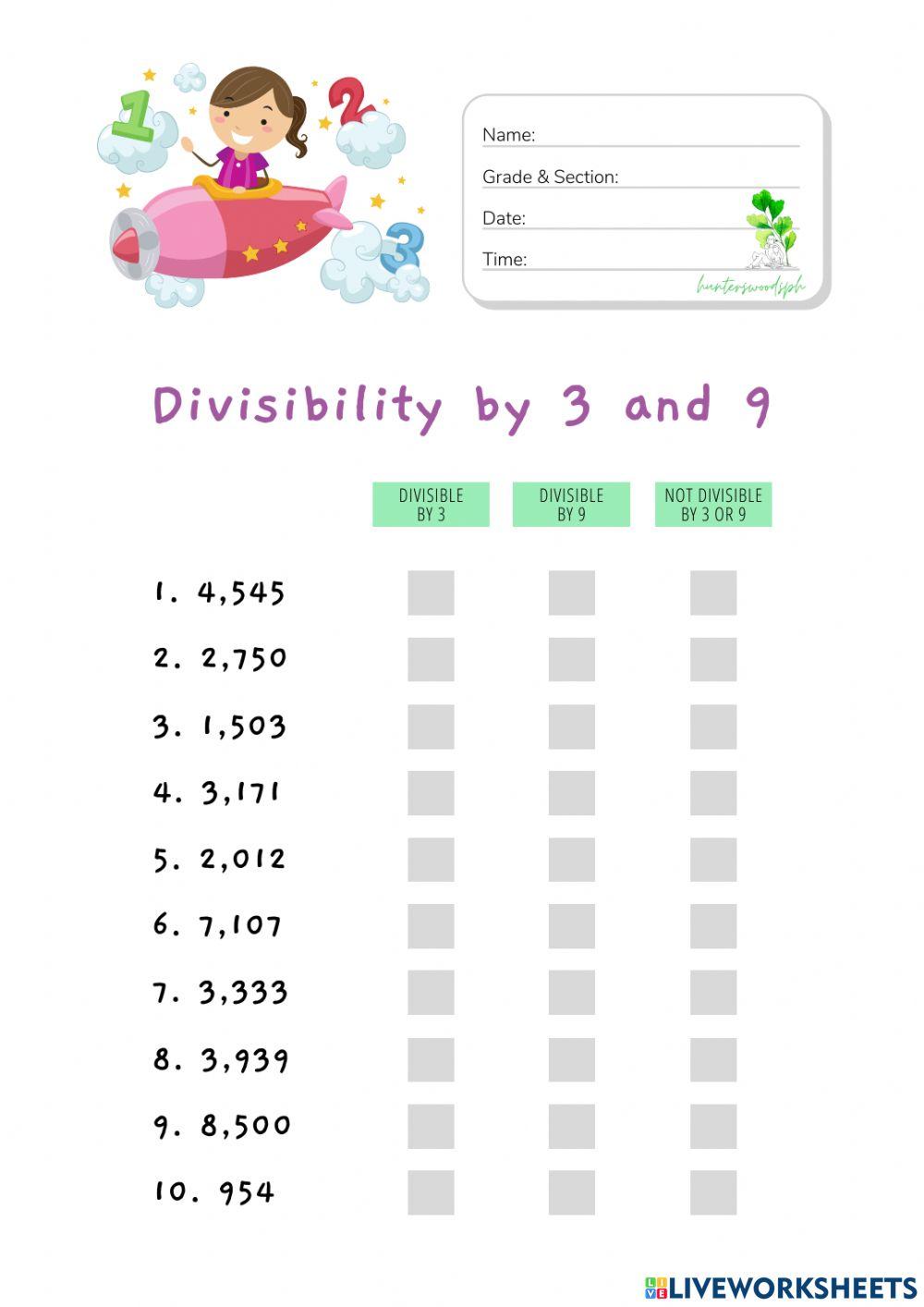 Divisibility by 3 and 9 (HuntersWoodsPH Math)