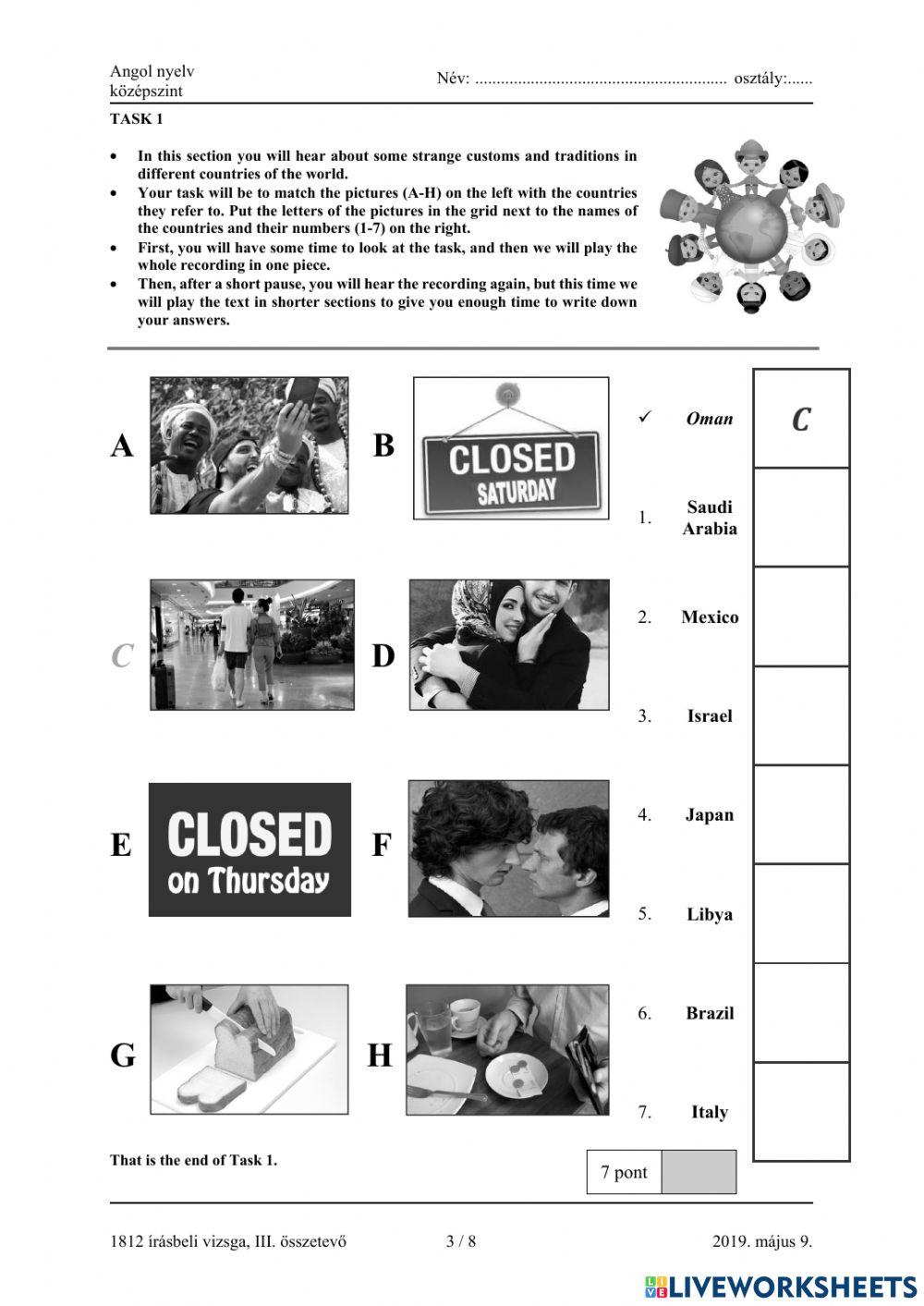 Matura B1 listening matching pictures