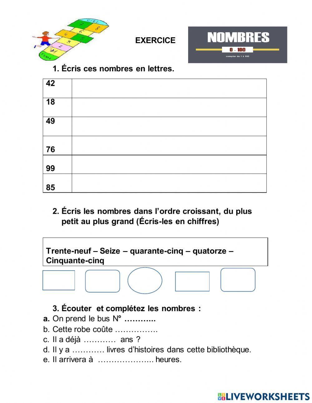 Les nombres de 0 à 100