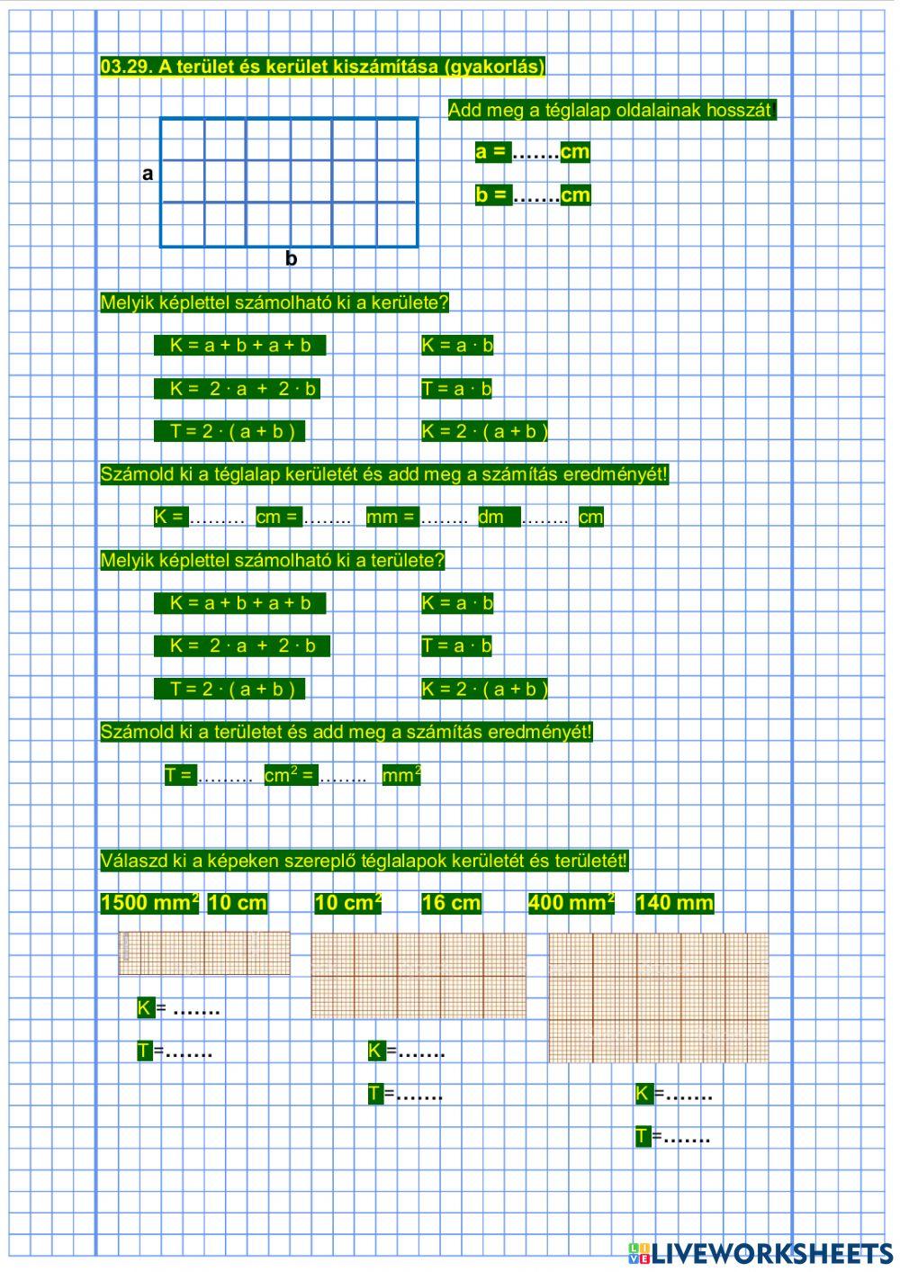Téglalap kerülete, területe