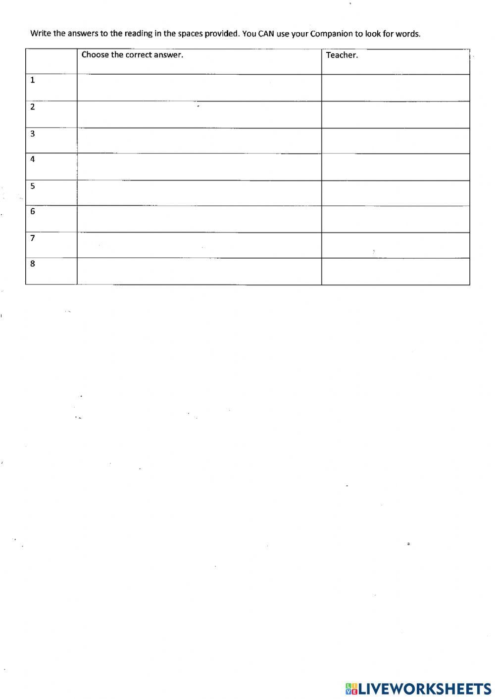 Answer sheet for reading texts
