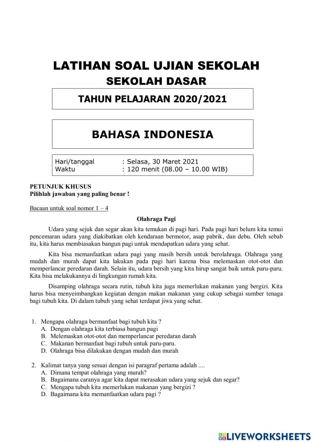 Latihan soal ujian sekolah bahasa indonesia