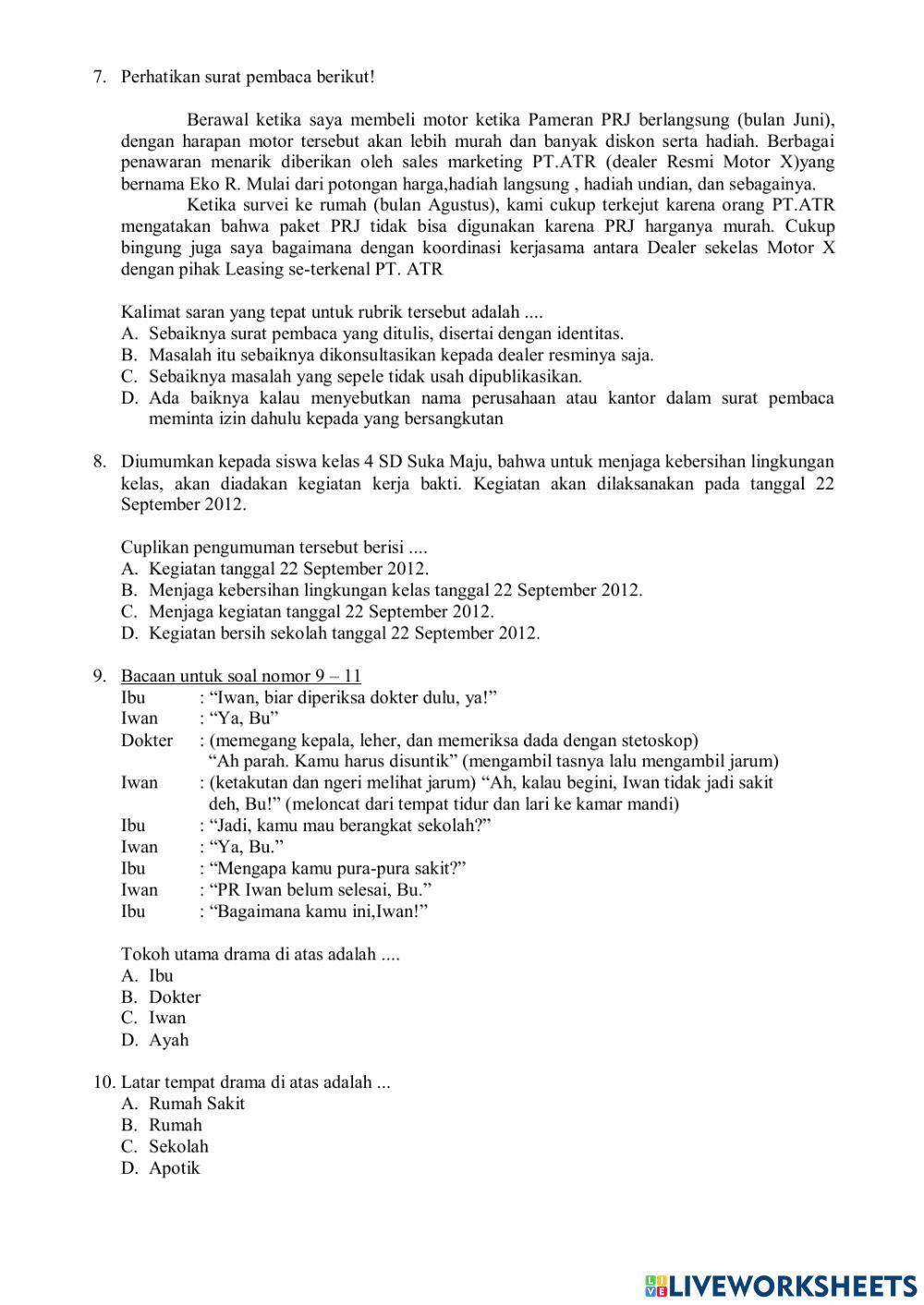 Latihan soal ujian sekolah bahasa indonesia