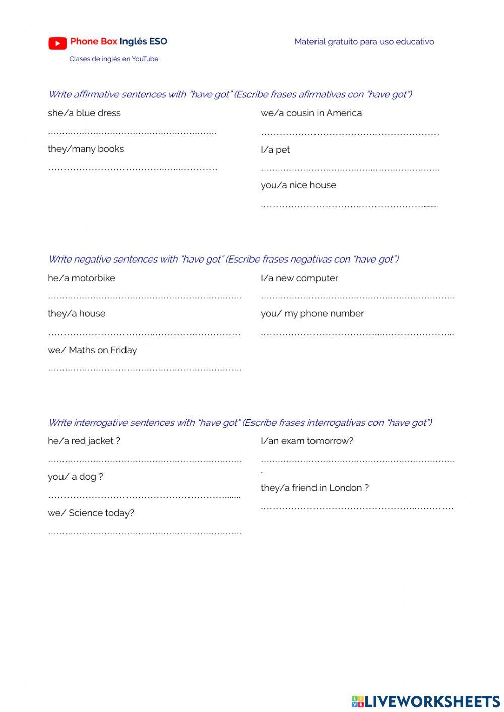 1º ESO Have got. ejercicio.2