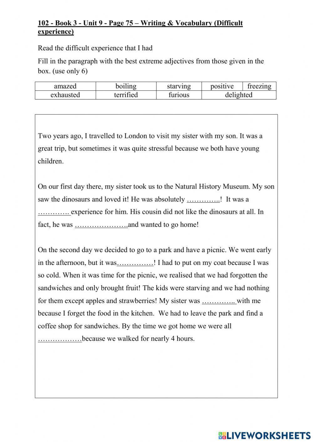 102 - Book 3 - Unit 9 - Page 75 –  Vocabulary (Difficult experience)