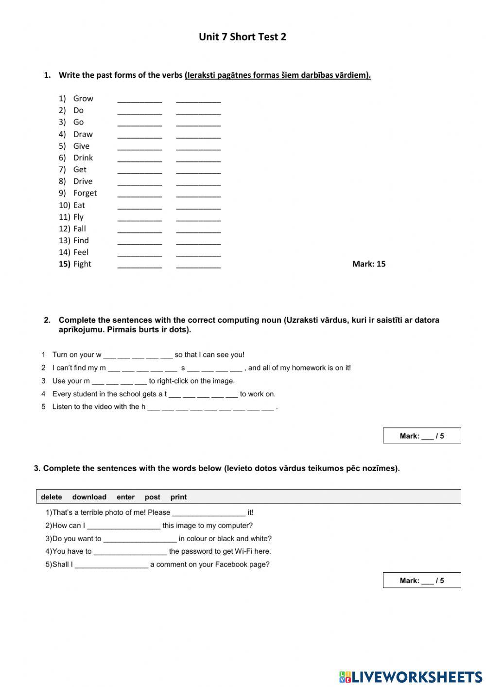 Past forms, negative and interrogative sentences in the past worksheet