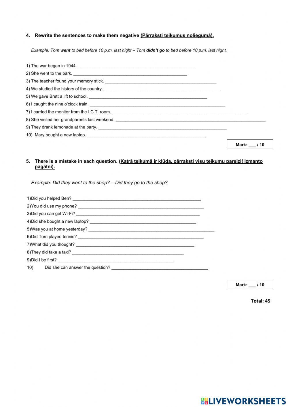 Past forms, negative and interrogative sentences in the past