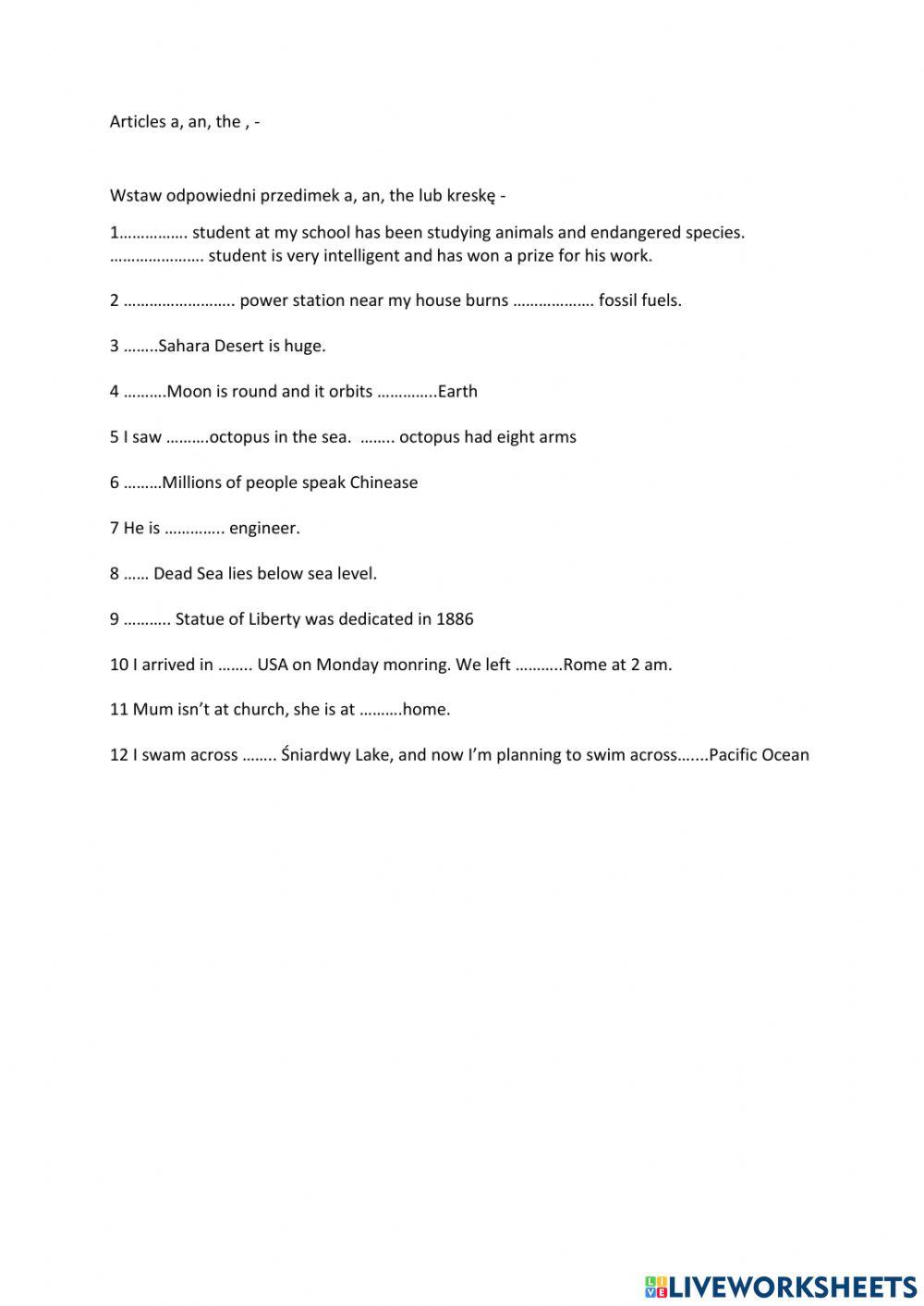 Articles a an the  zero