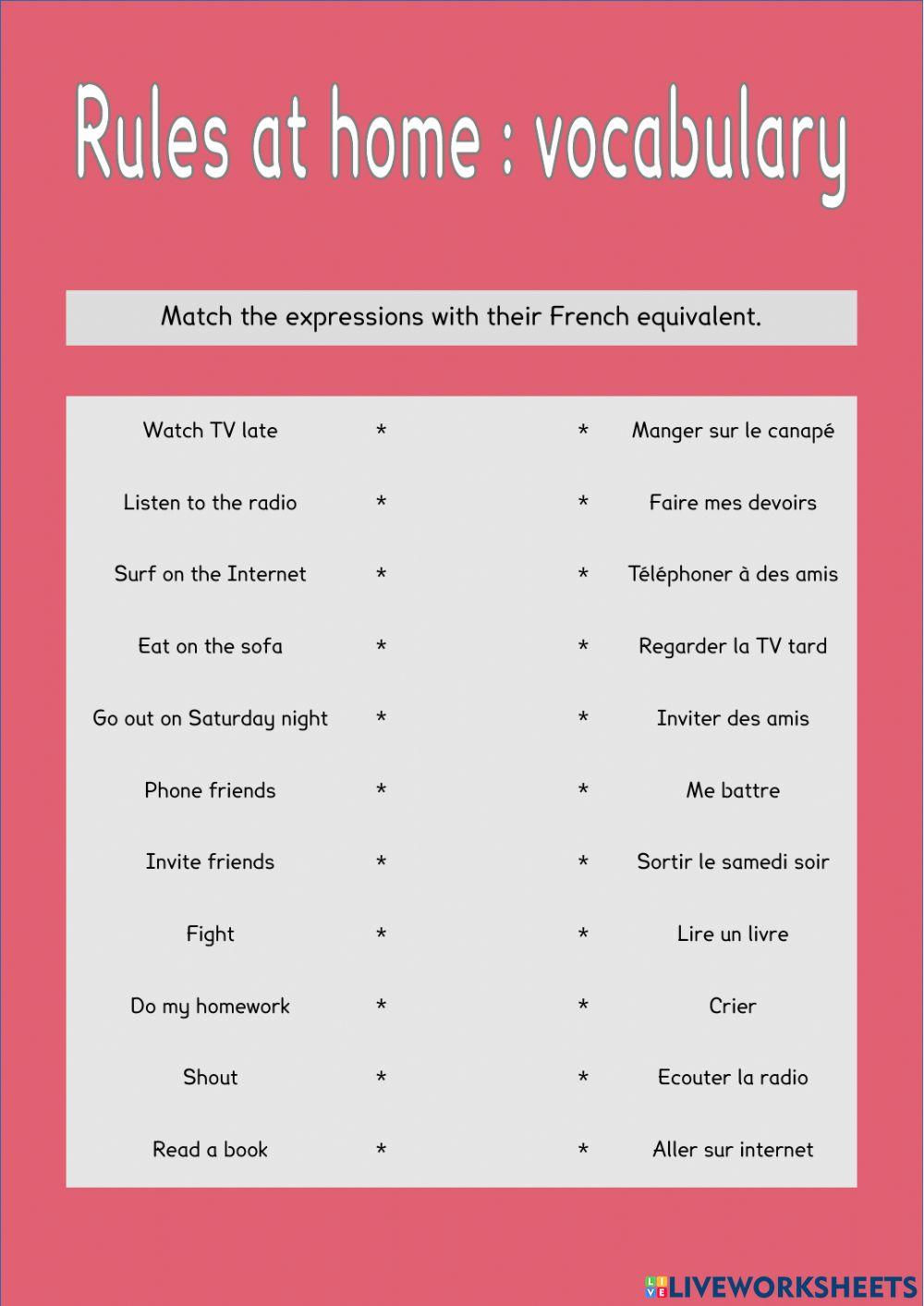 Rules at home : vocabulary