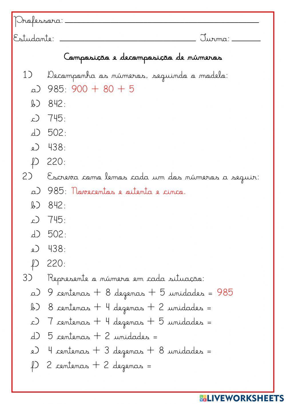 Composição e decomposição de Números até 1000