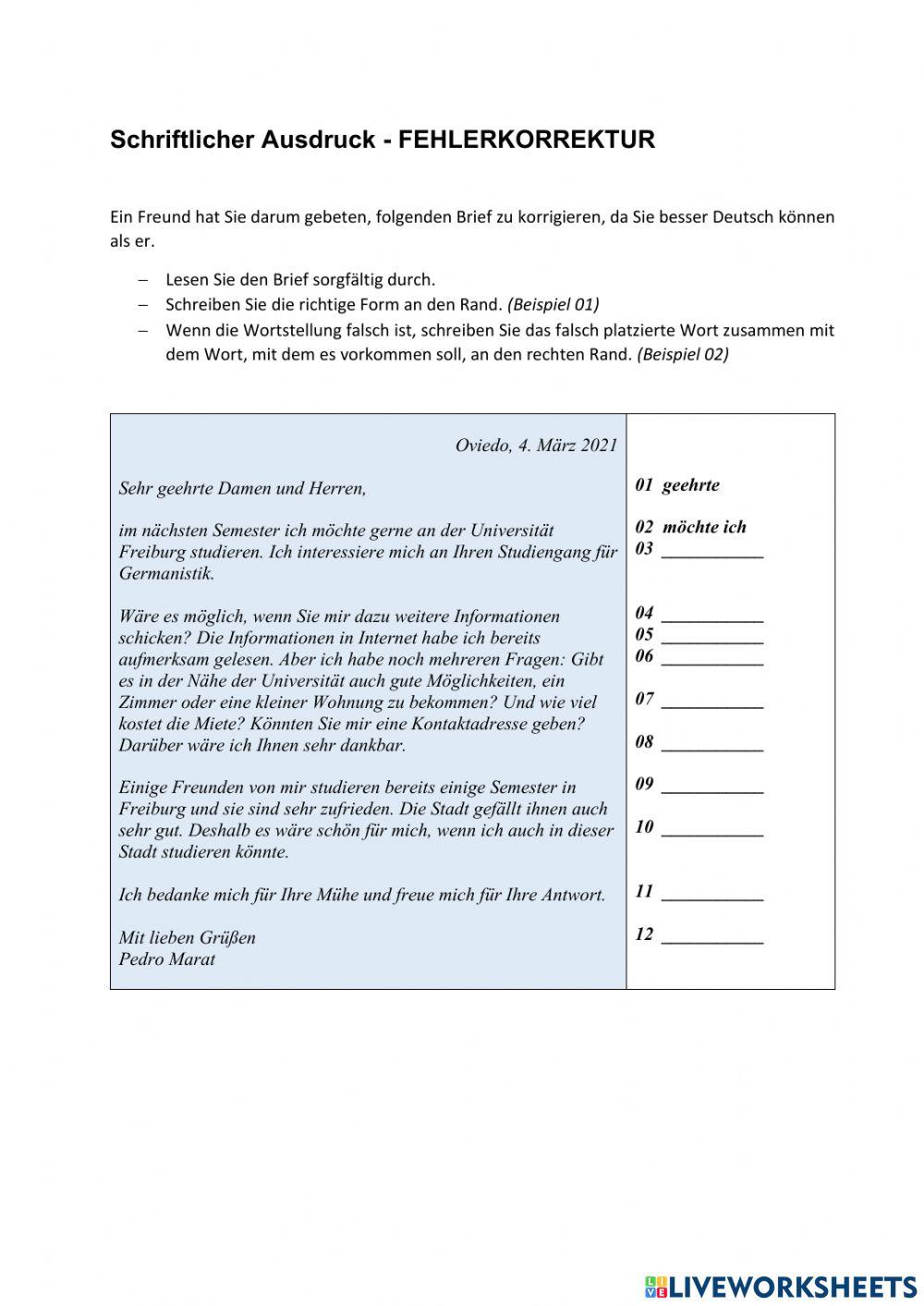 Brief an Universität - Fehlerkorrektur