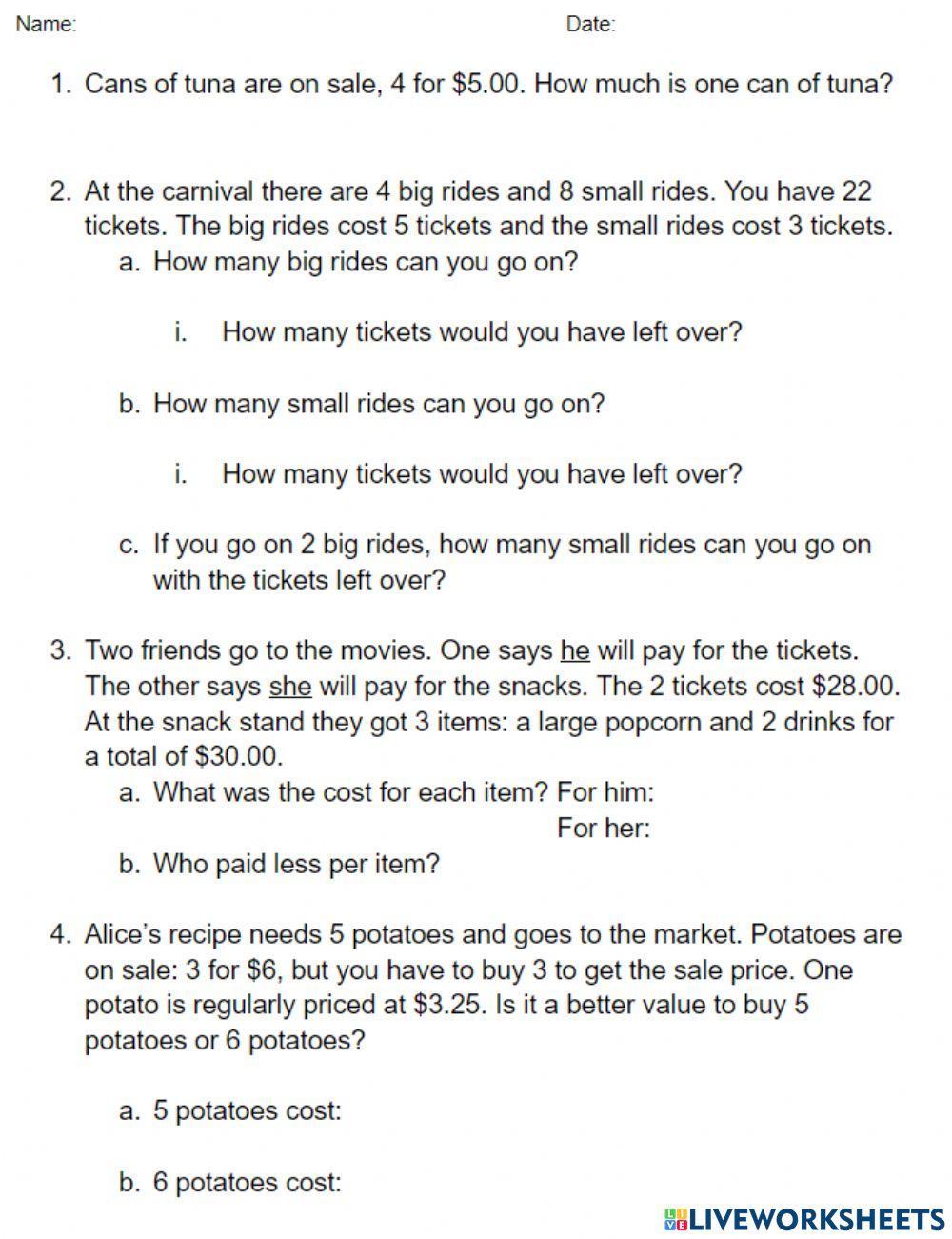Money Division Word Problems - Sheet 2