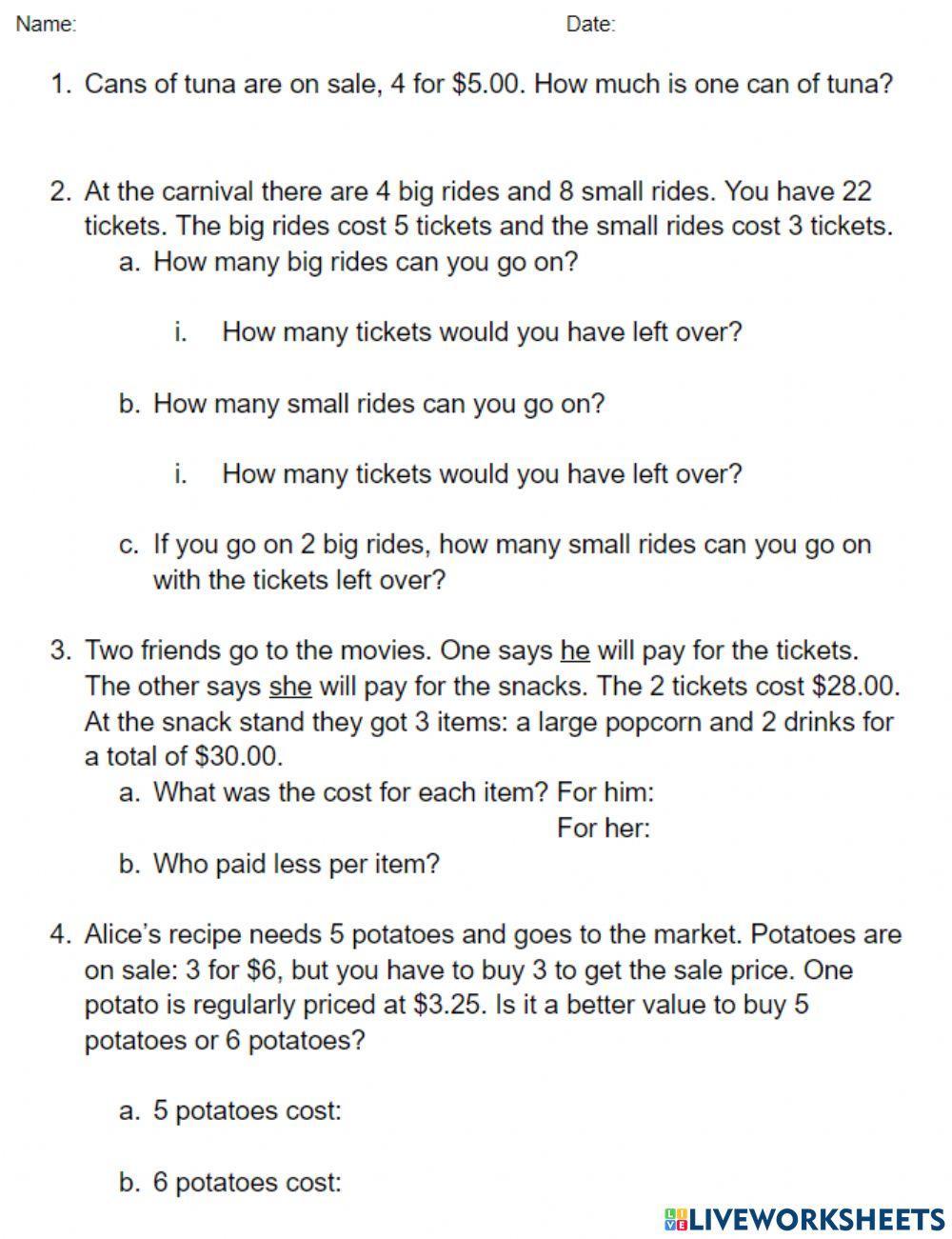 Money Division Word Problems - Sheet 2 Money Division Word Problems - Sheet 2