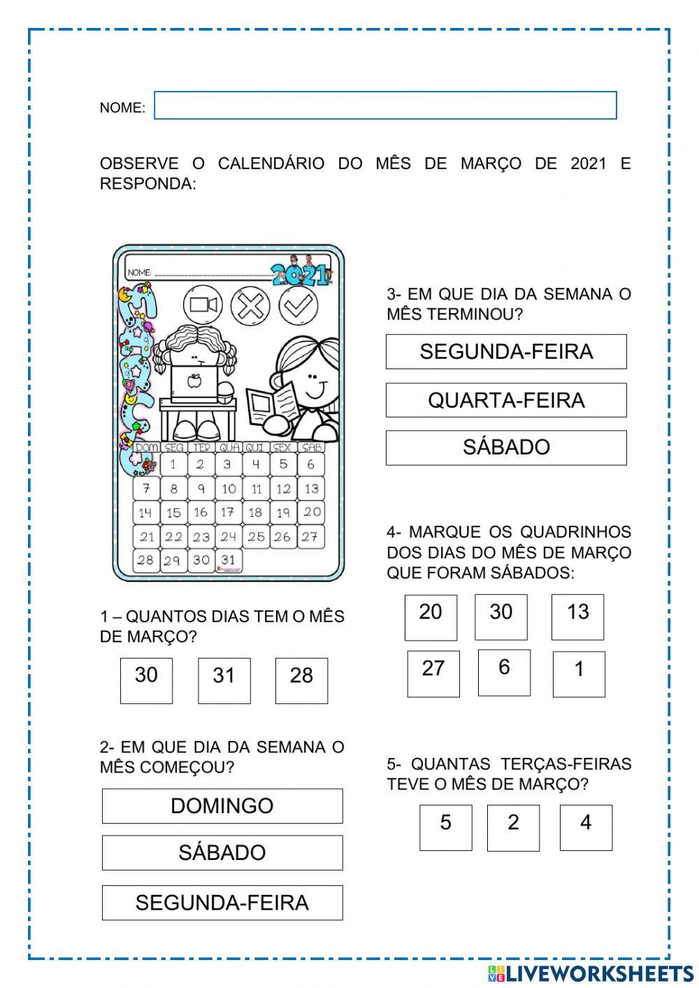 o mês do calendário de março