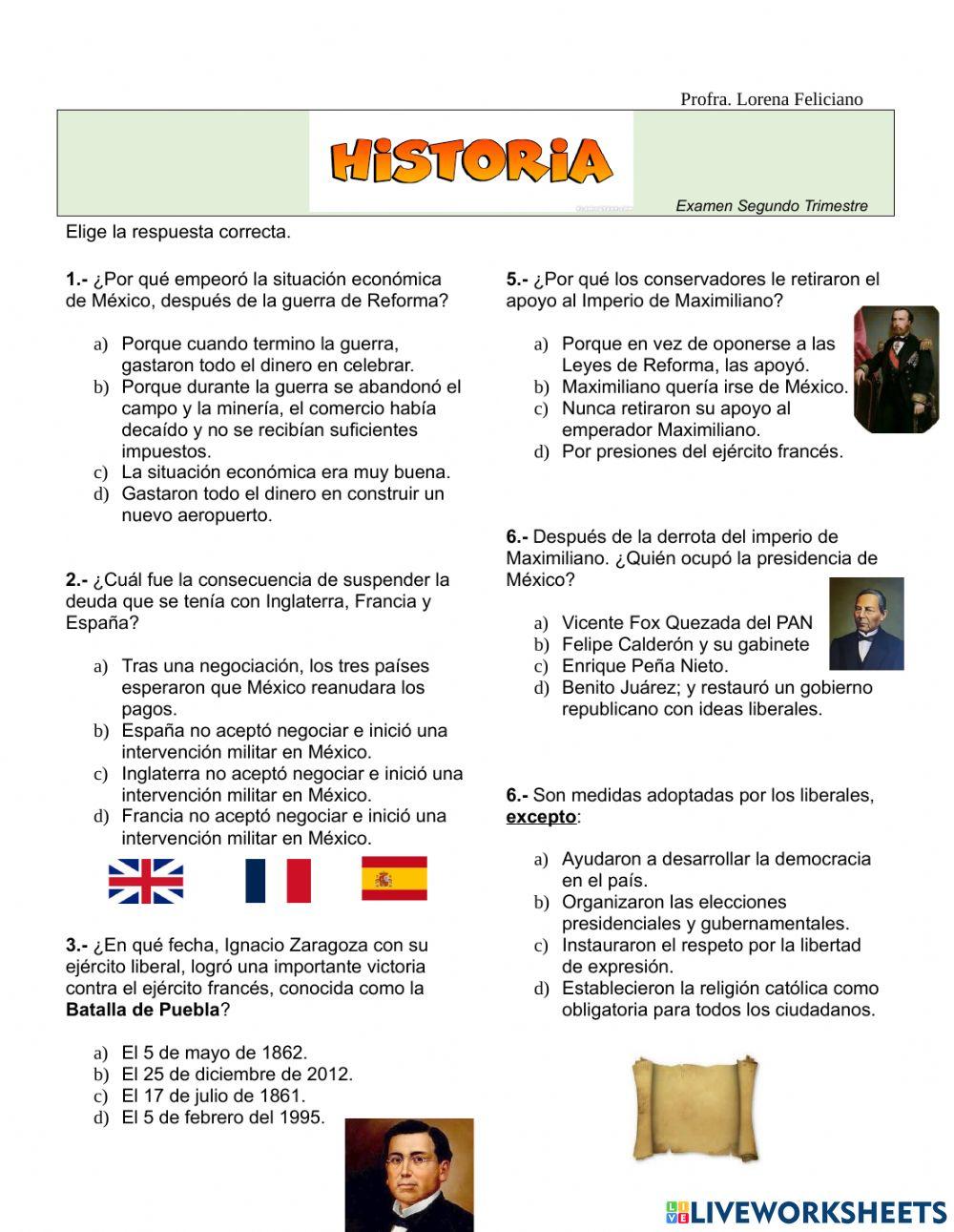 Examen Segundo trimestre Historia Quinto grado