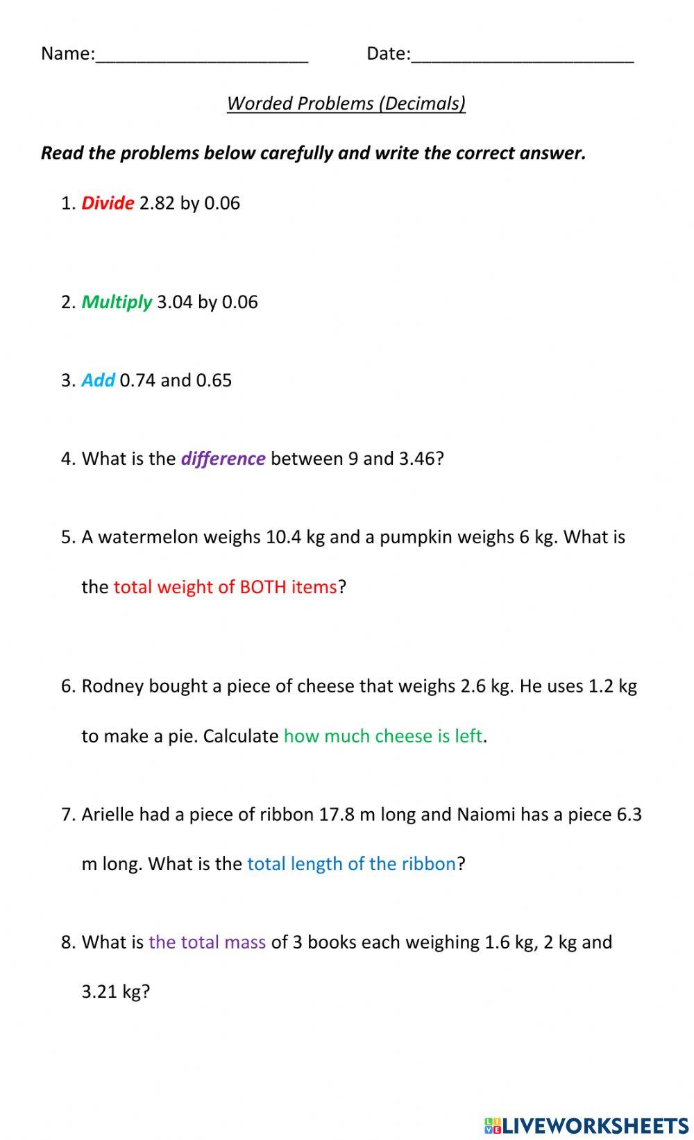 Decimal Worded Problems