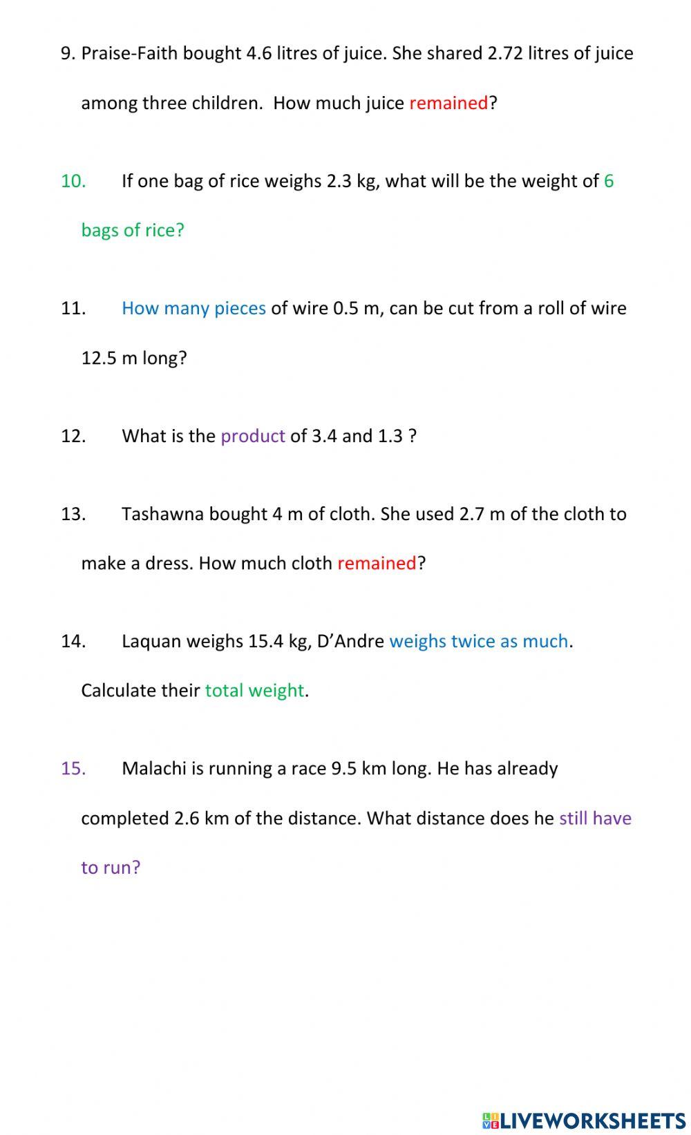 Decimal Worded Problems