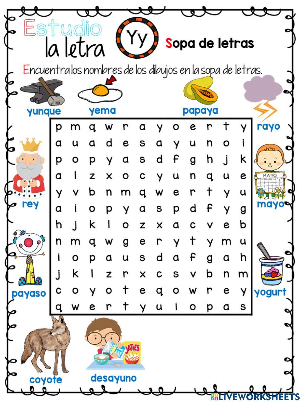 Estudio la letra Yy - Sopa de letras