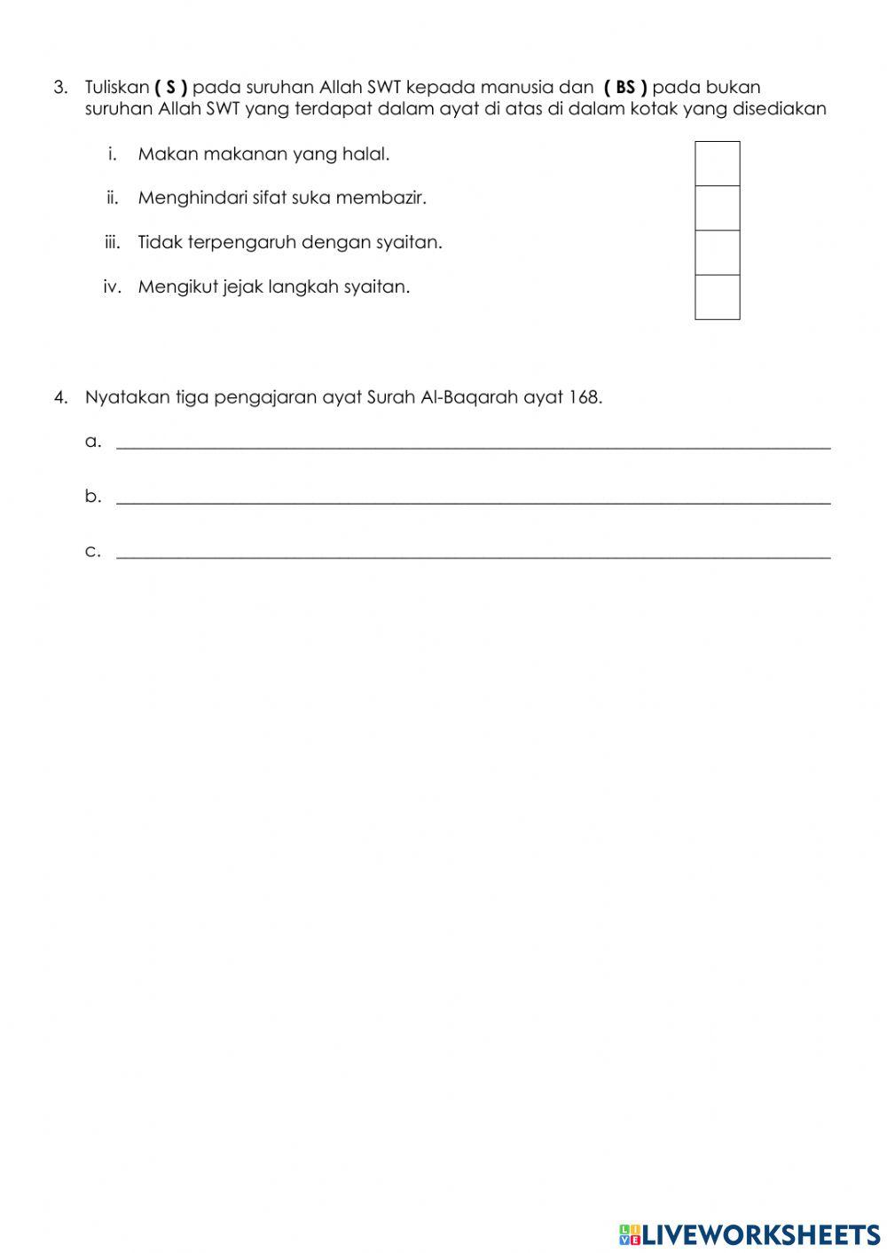 Ayat Kefahaman: Surah al-Baqarah ayat 168 (Makanan halal dan haram)