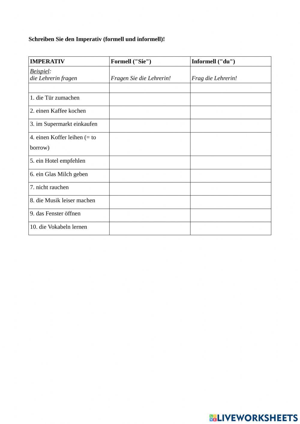 Imperativ formell und informell online exercise for live worksheets
