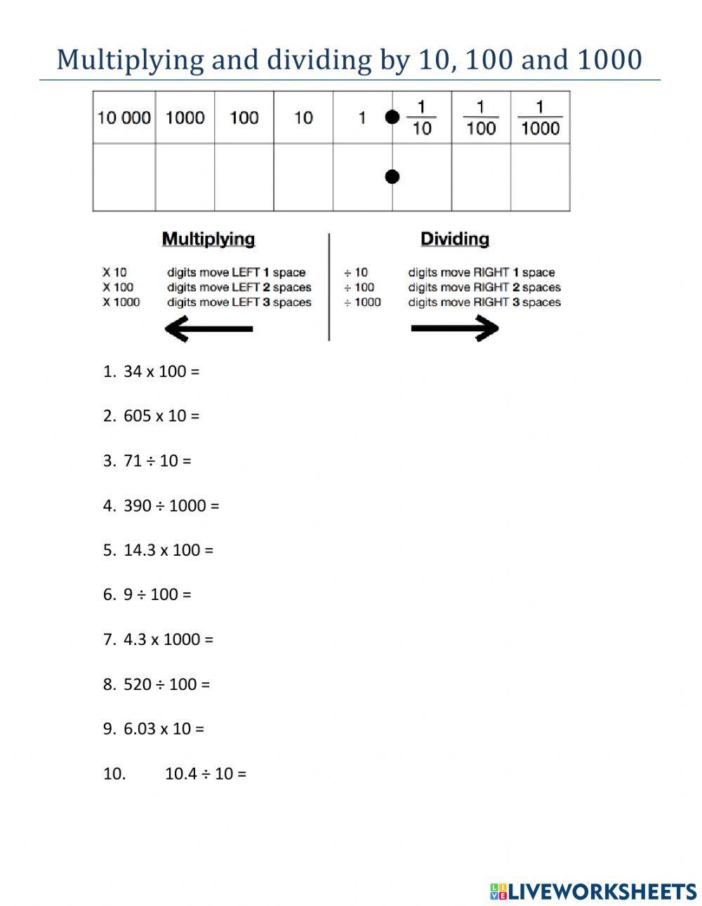 Multiplying and dividing by 10 100 and 1000