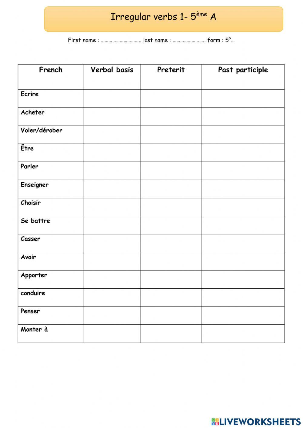 5° verbes 1 - A