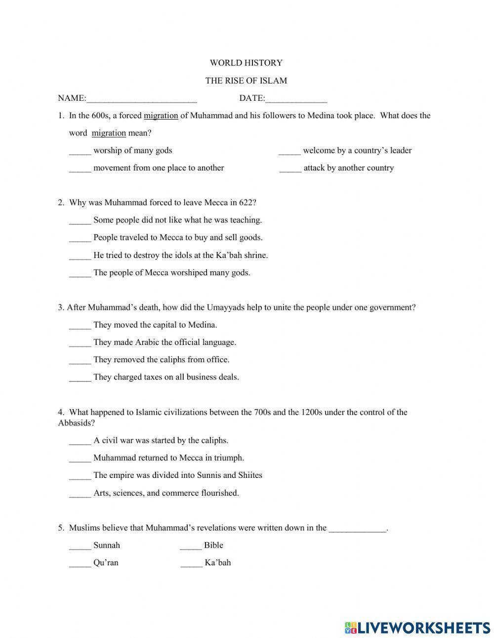 Rise of Islam worksheet | Live Worksheets rise-of-islam-worksheet-live-worksheets