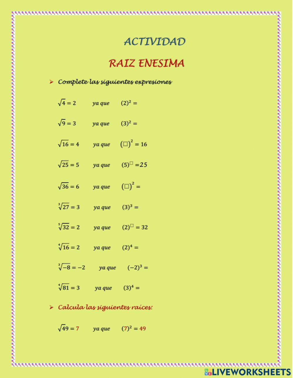 Raiz enesima 3er año