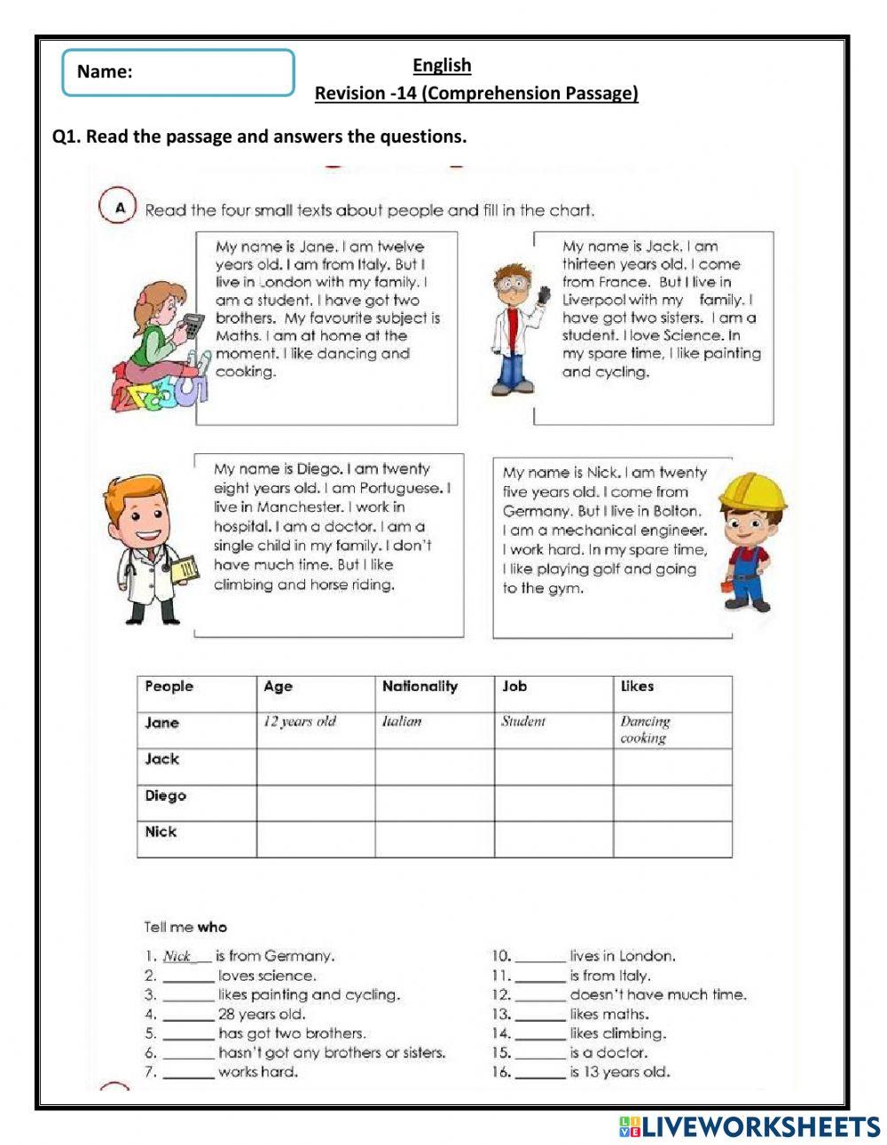 Comprehension Worksheet