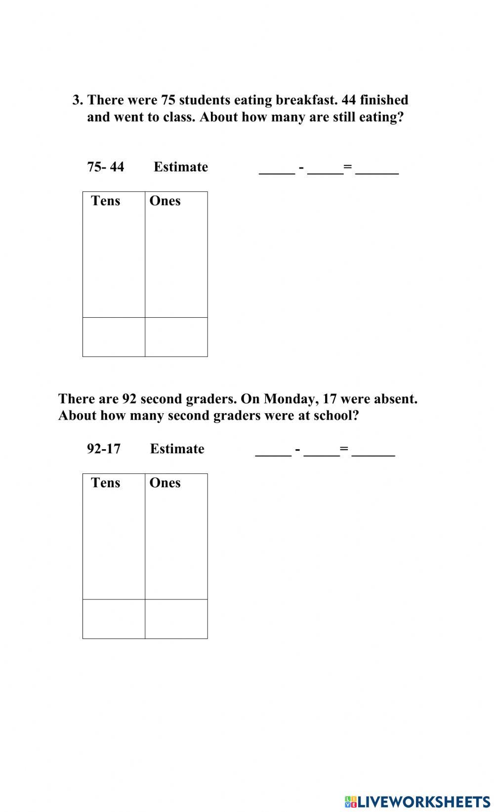 Estimate to find the difference Word Problems