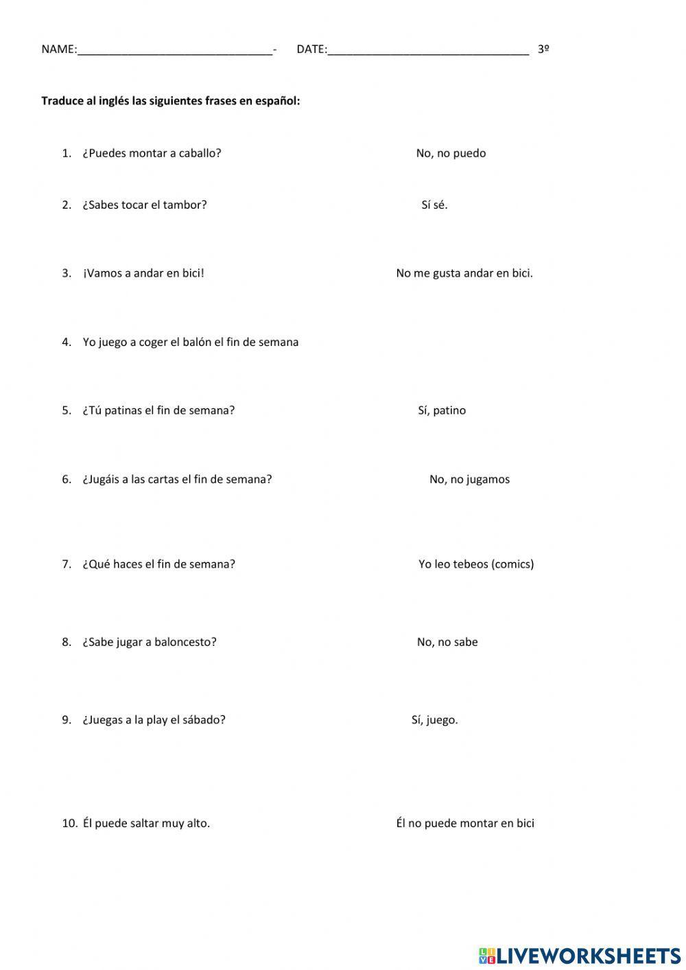 Translate into English. 3º PRIMARIA