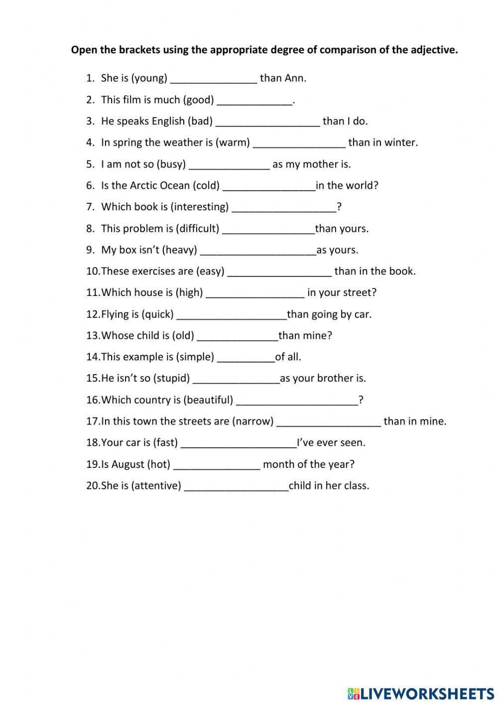 degrees of comparison online exercise for | Live Worksheets