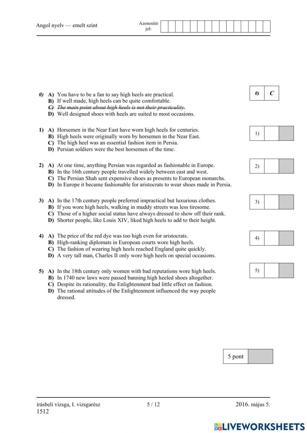 Érettségi 2016 Reading 1