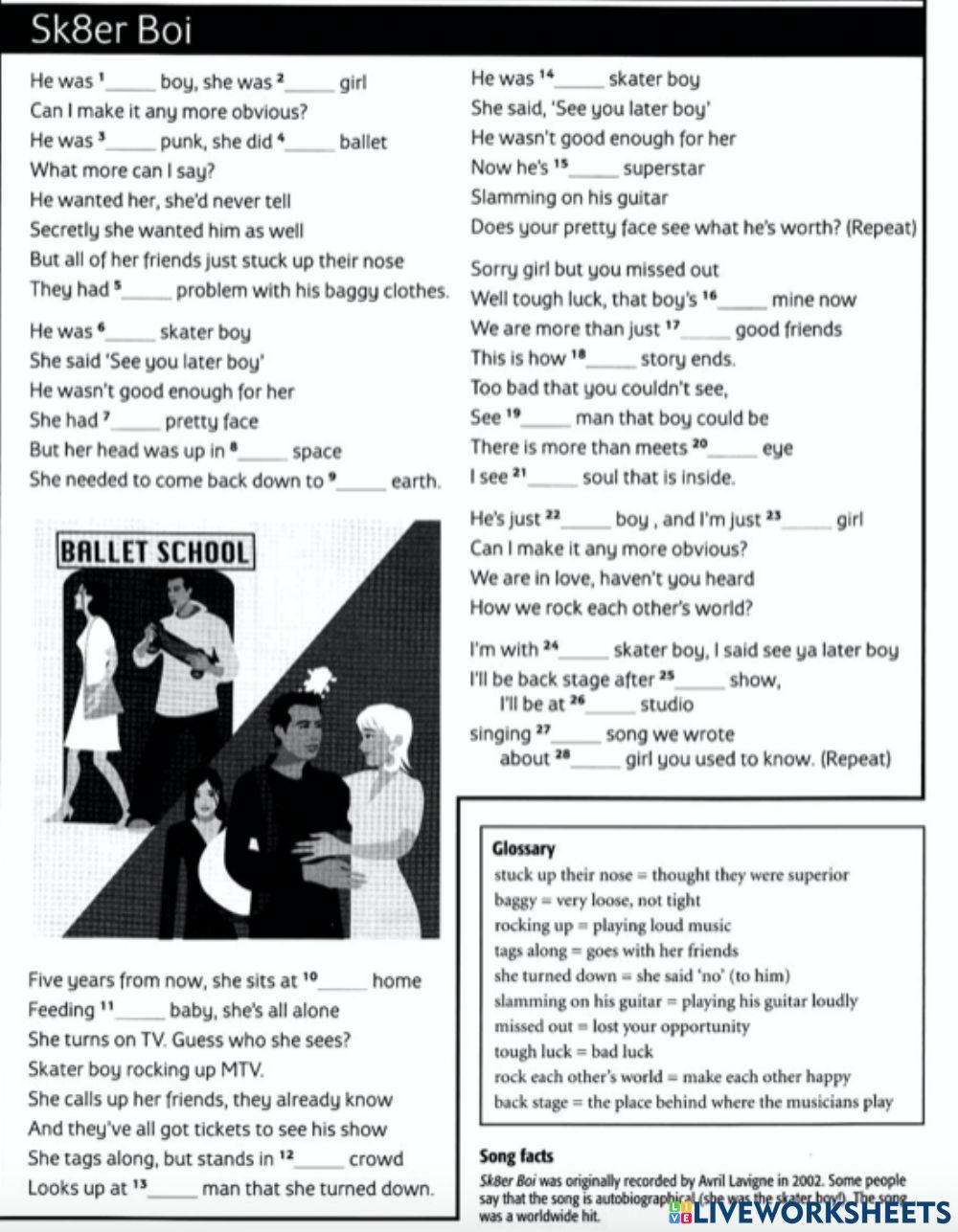 Sk8ter boi articles worksheet Live Worksheets