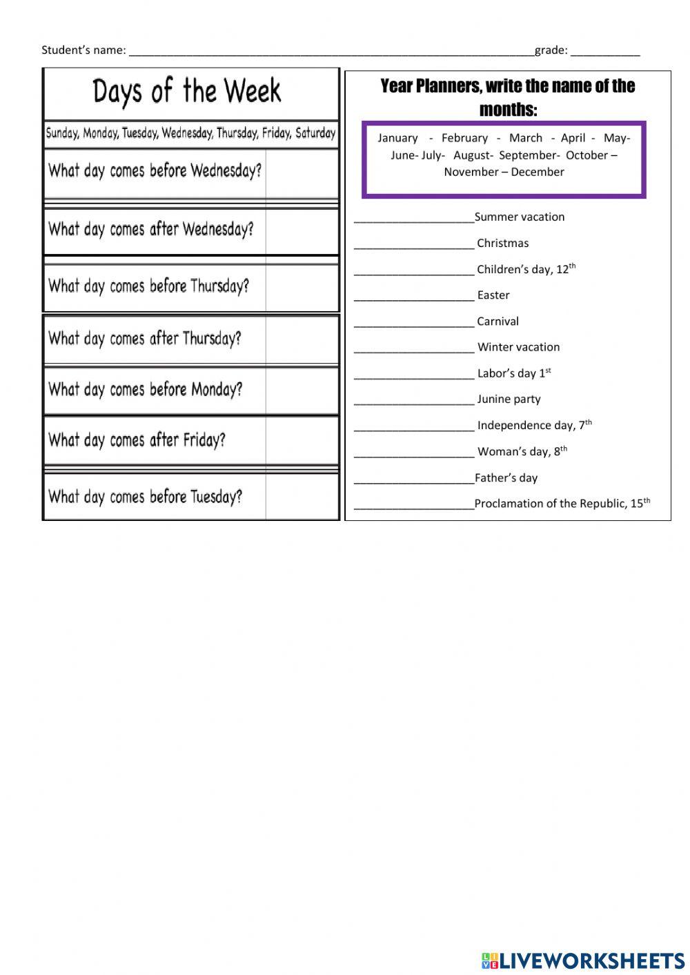 Days of the week and months