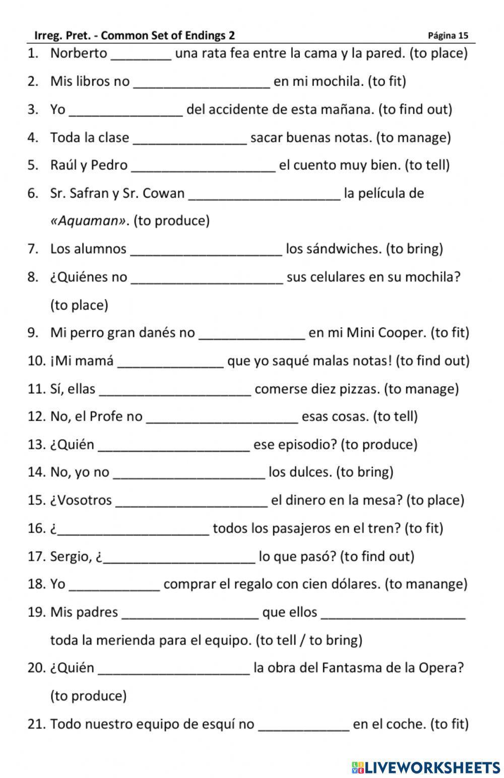 Irreg. Preterite - Common Set of Endings 2