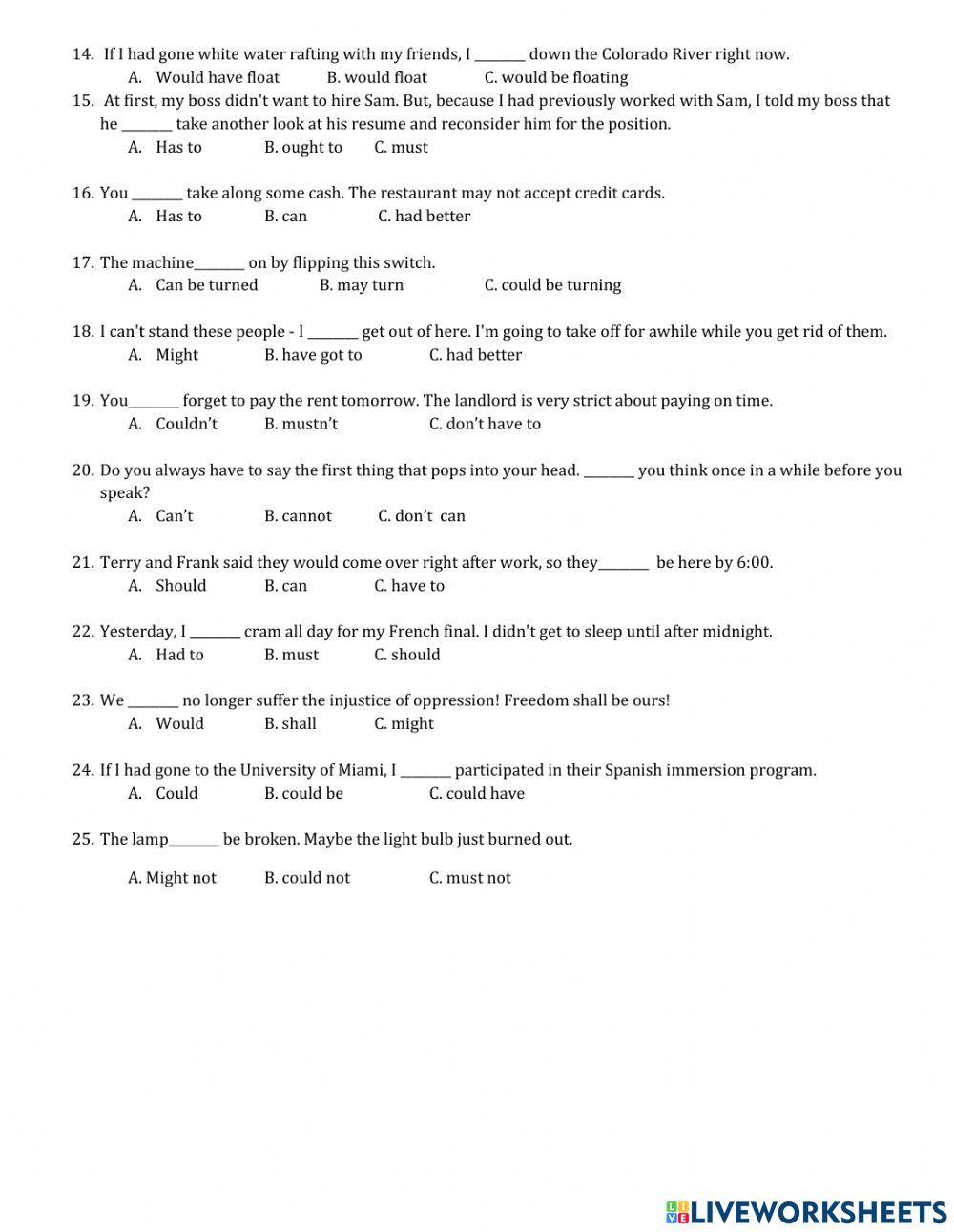 Modal auxiliar verbs quiz