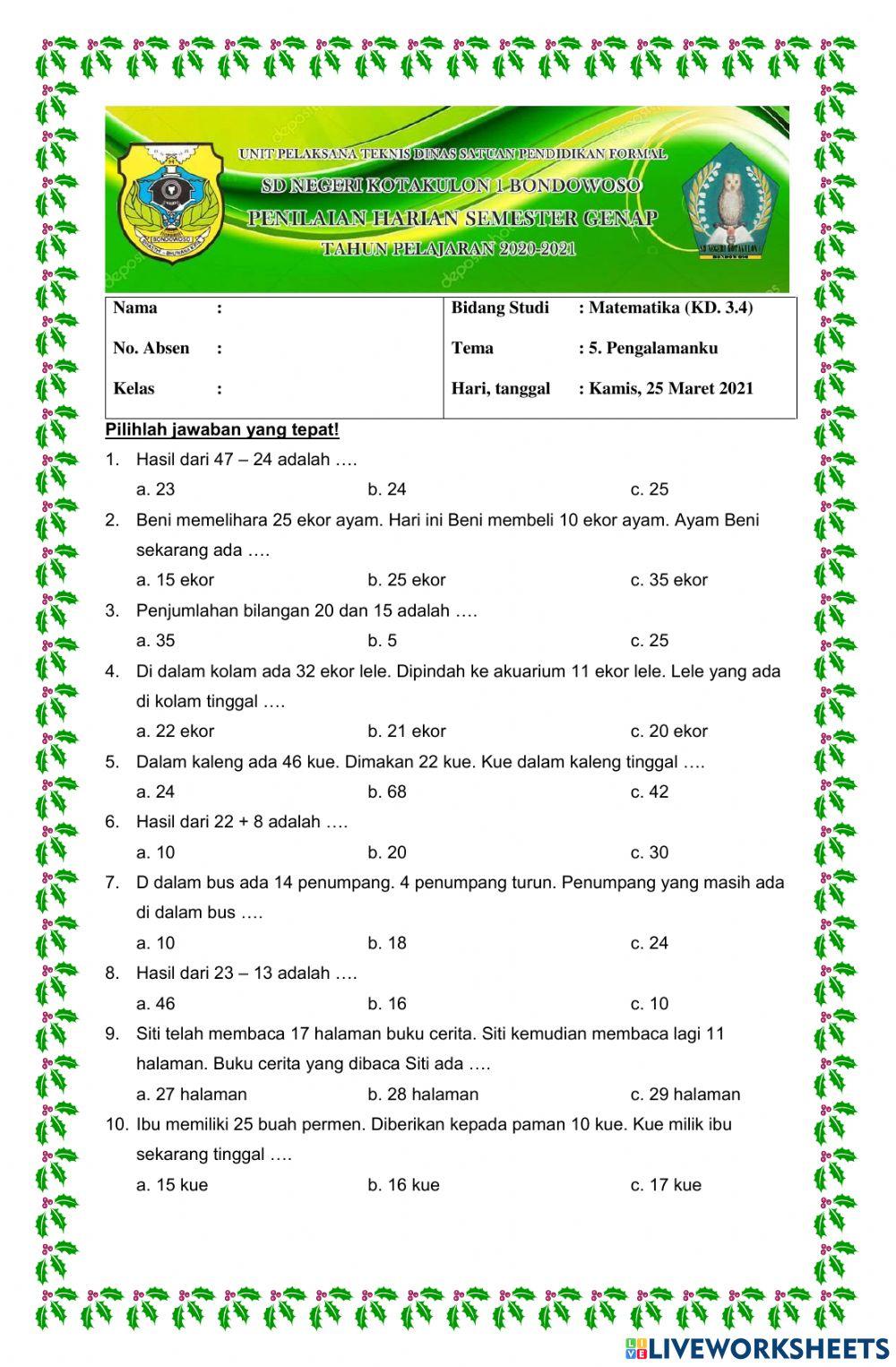 Ulangan Harian Matematika Tema 5 KD.3.4