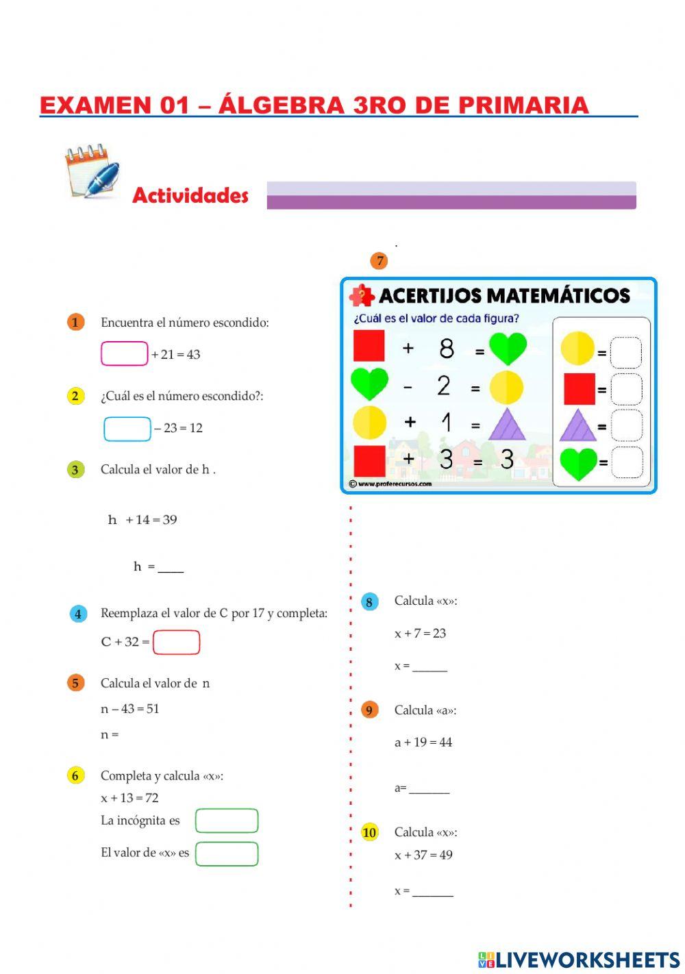 Examen 1 de álgebra 3ro de primaria