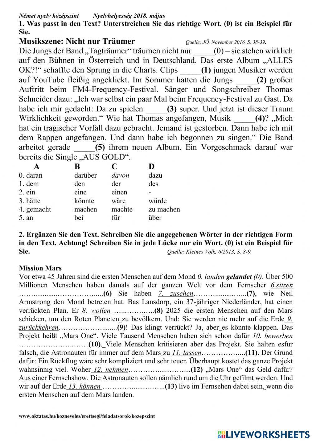 Középszint - Német érettségi - Nyelvhelyesség 2018.