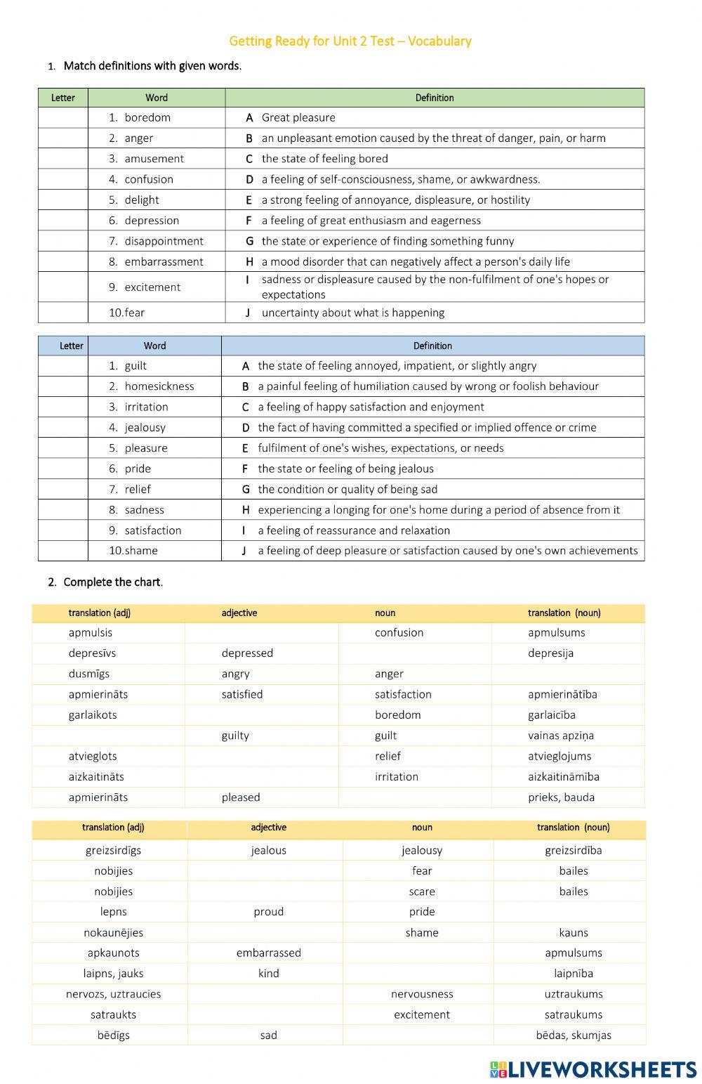 Solutions Intermediate Unit 2 vocabulary (adjectives - nouns)